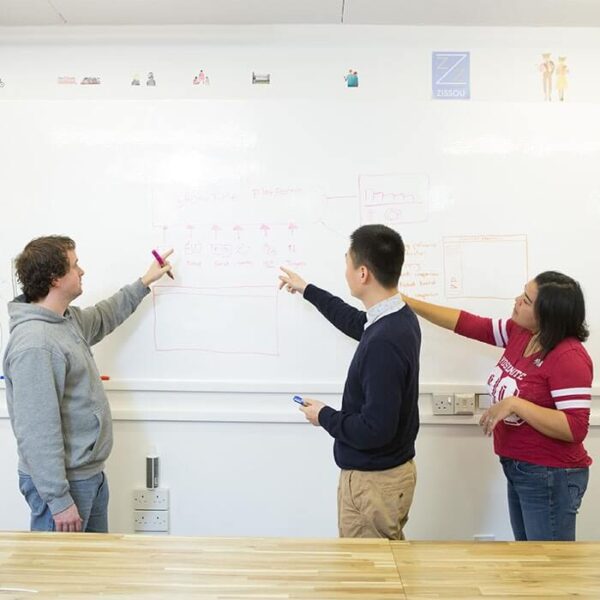 Skupina ljudi uporablja uporablja Smart piši briši stensko tapeto za razvijanje aplikacij